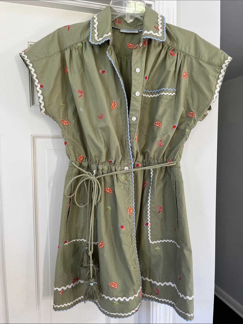 Roller Rabbit Olive Green Embroidered Mini Dress with Citrus Motif